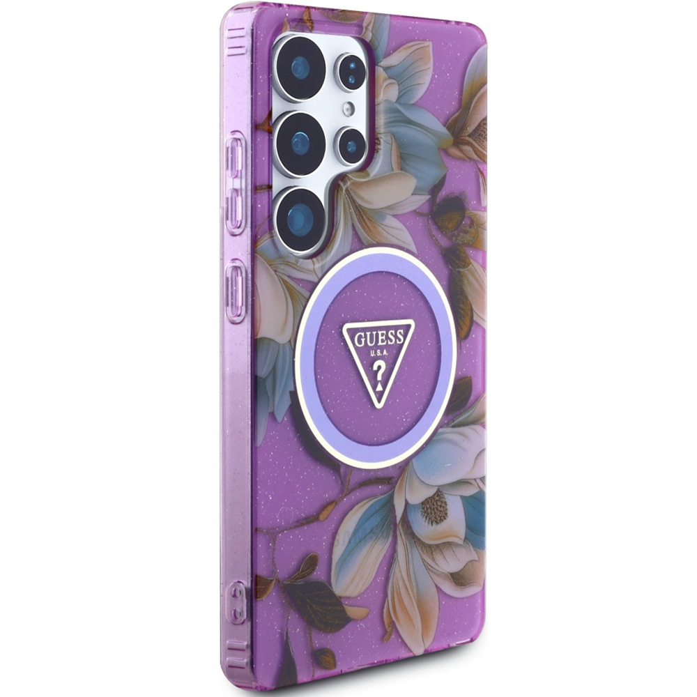 Etui Guess Glitter Flowers Triangle Buttons do MagSafe do Samsung Galaxy S25 Ultra, fioletowe